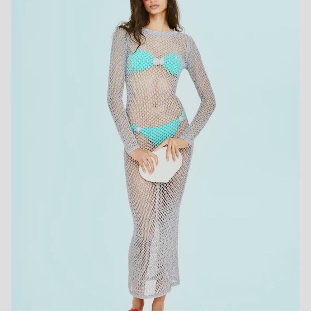 Simon Miller x Mango Silver metallic stretch mesh | fishnet maxi | cover-up sz L
